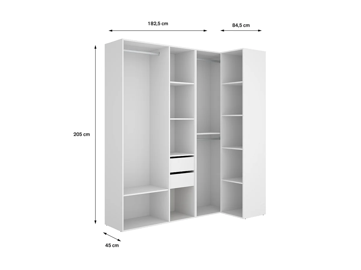 Vestidor de rincón Reus con estantes, 2 cajones y trasera reversible en blanco/natural, 2