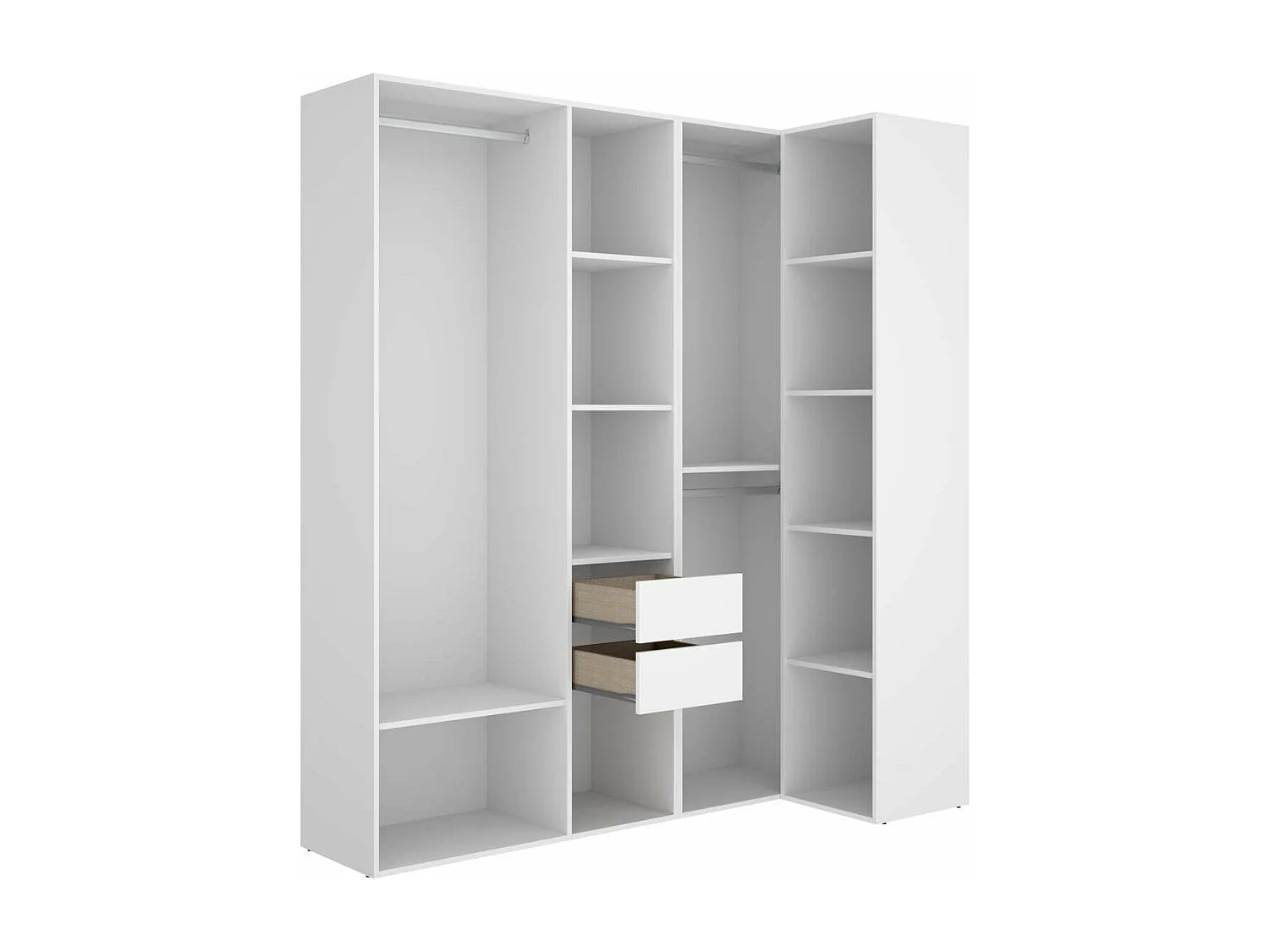 Vestidor de rincón Reus con estantes, 2 cajones y trasera reversible en blanco/natural, 2