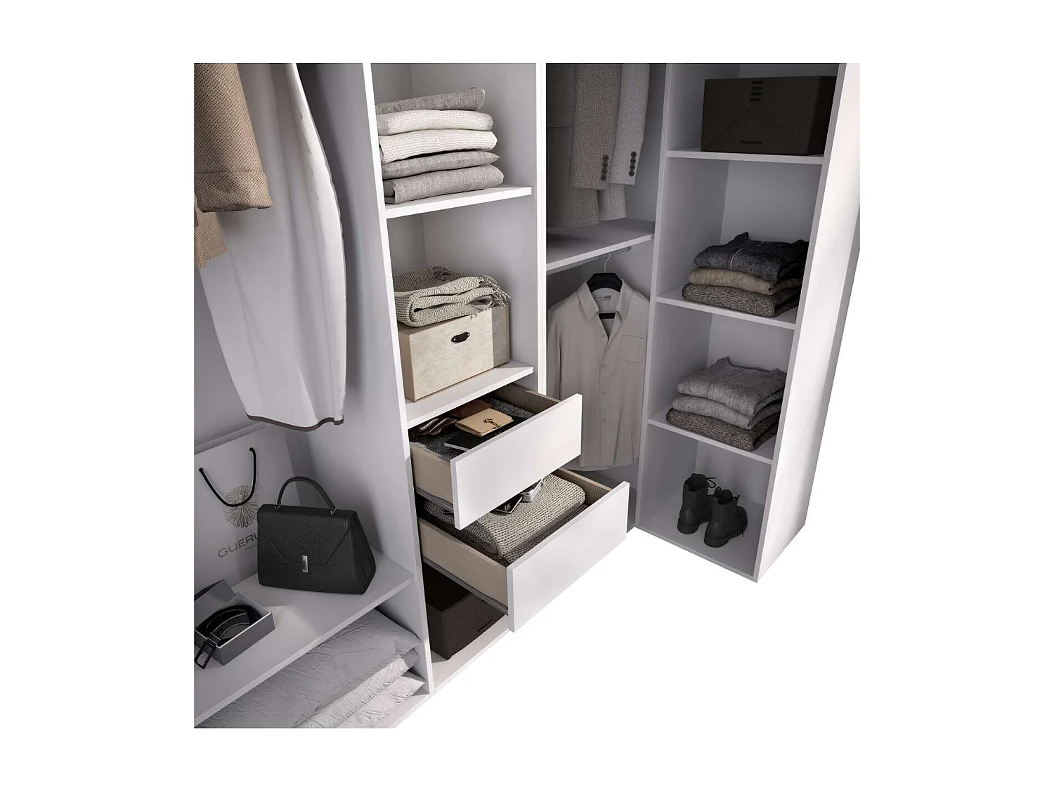 Vestidor de rincón Reus con estantes, 2 cajones y trasera reversible en blanco/natural, 2