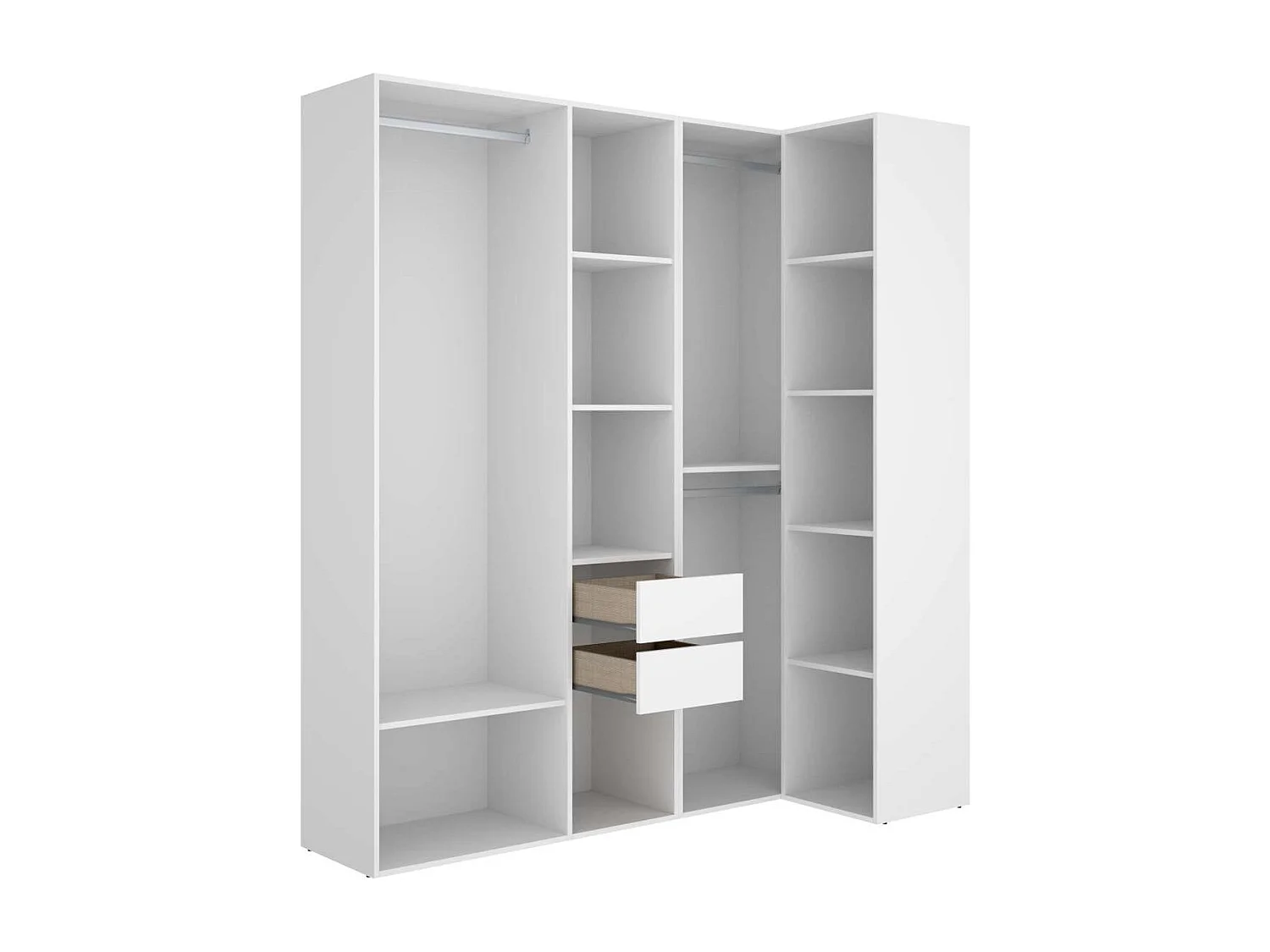 Vestidor de rincón Reus con estantes, 2 cajones y trasera reversible en blanco/natural, 2