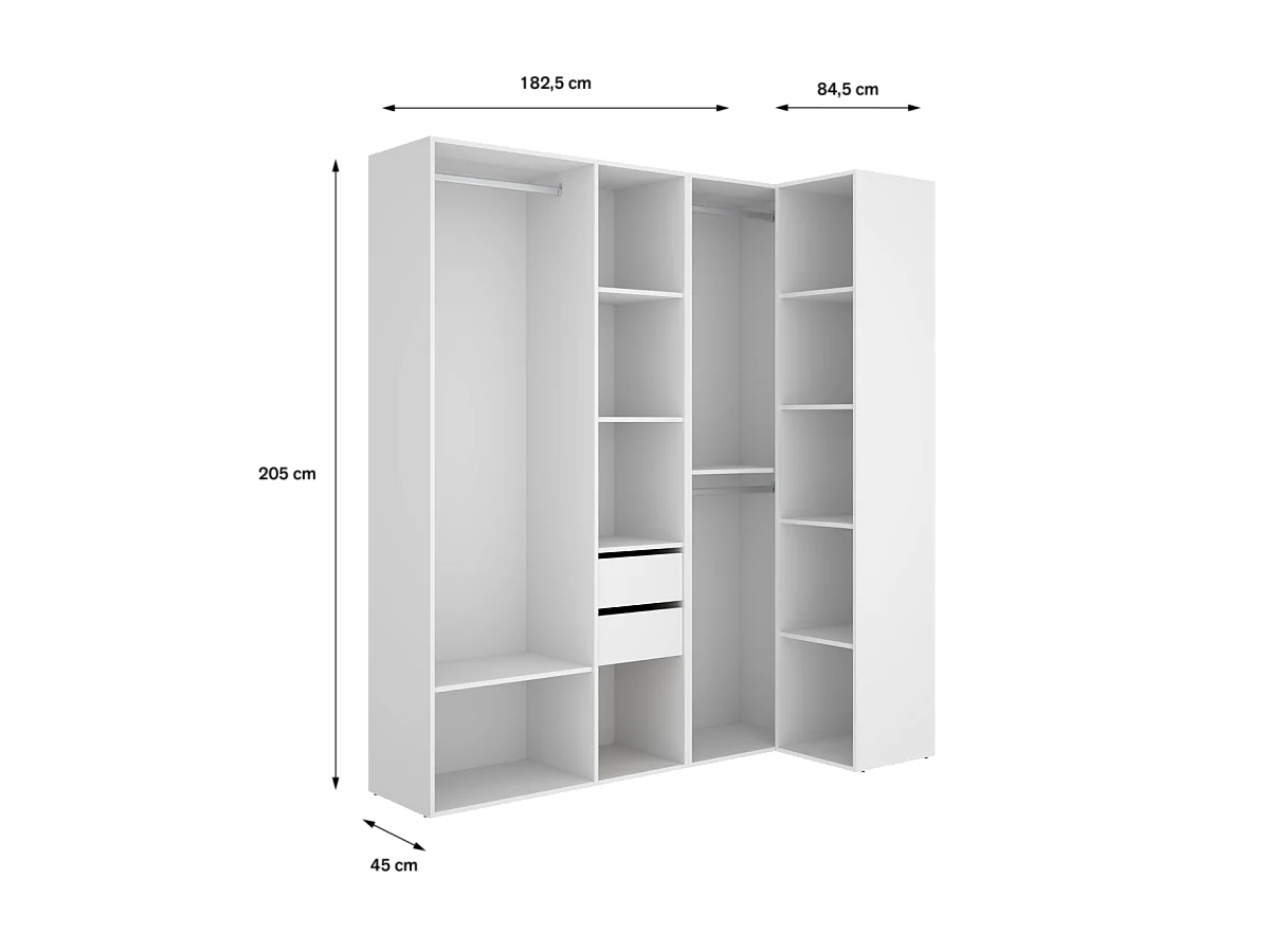 Vestidor de rincón Reus con estantes, 2 cajones y trasera reversible en blanco/natural, 2