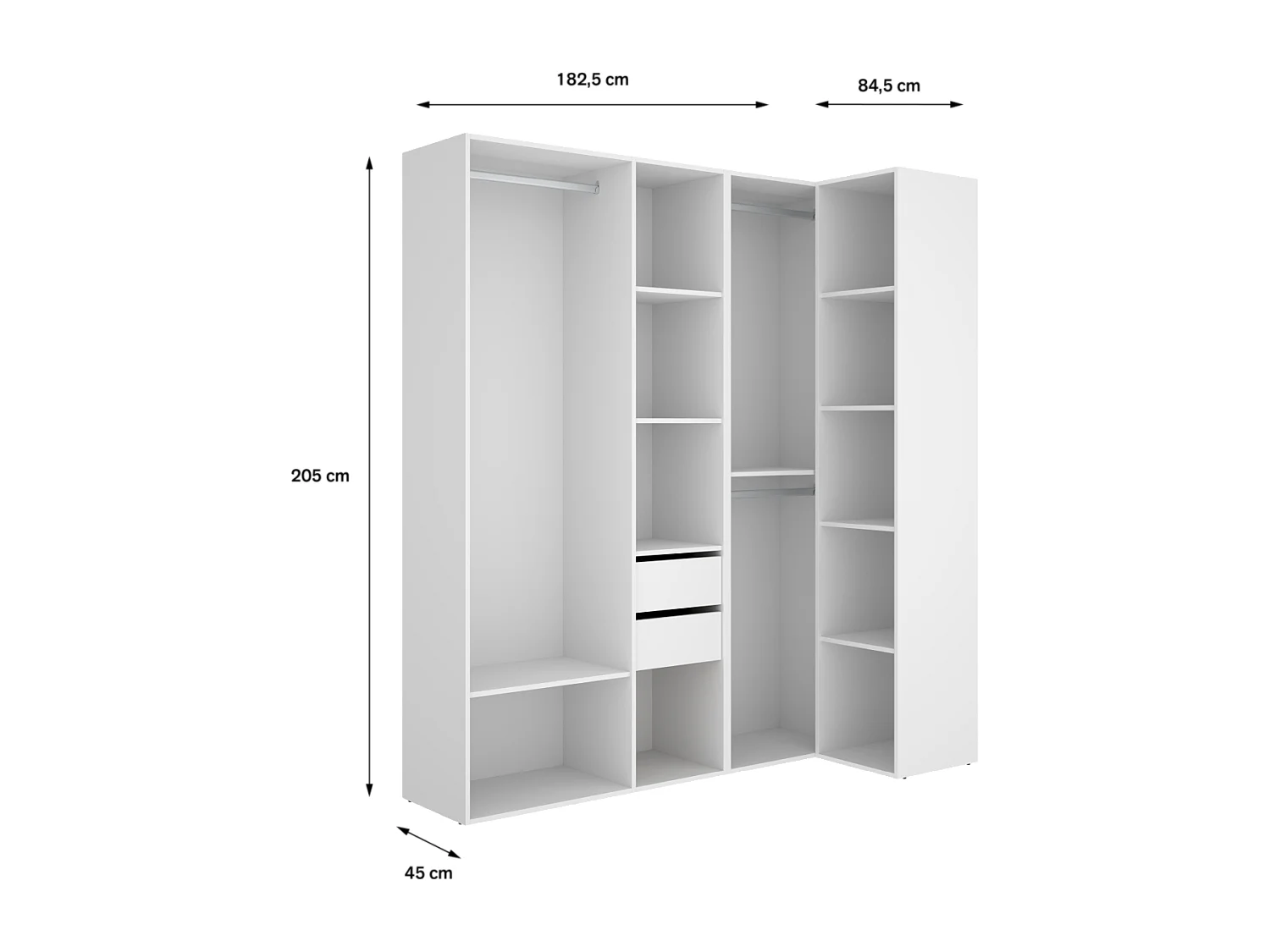 Vestidor de rincón Reus con estantes, 2 cajones y trasera reversible en blanco/natural, 2