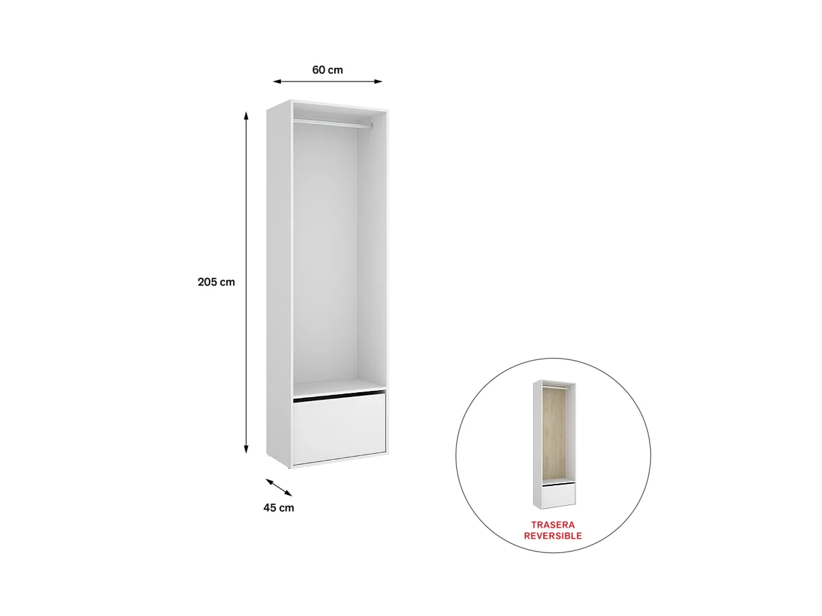 Vestidor Reus con zapatero y trasera reversible en blanco/natural, 205cm(alto) 60cm(ancho)