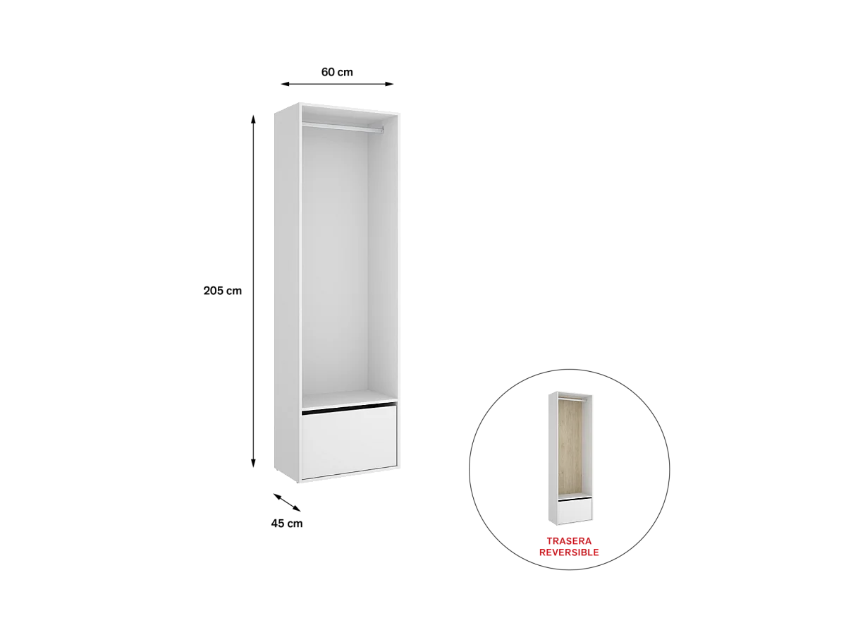 Vestidor Reus con zapatero y trasera reversible en blanco/natural, 205cm(alto) 60cm(ancho)