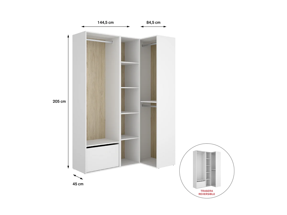 Vestidor de rincón Reus con estantes, zapatero y trasera reversible en blanco/natural, 20