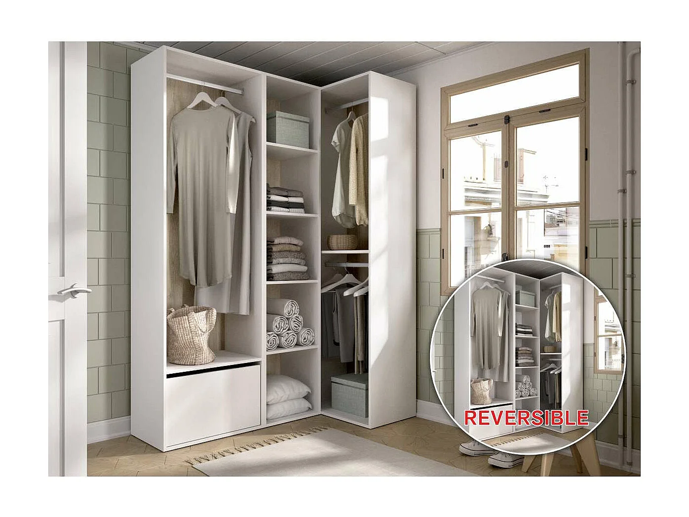 Vestidor de rincón Reus con estantes, zapatero y trasera reversible en blanco/natural, 20