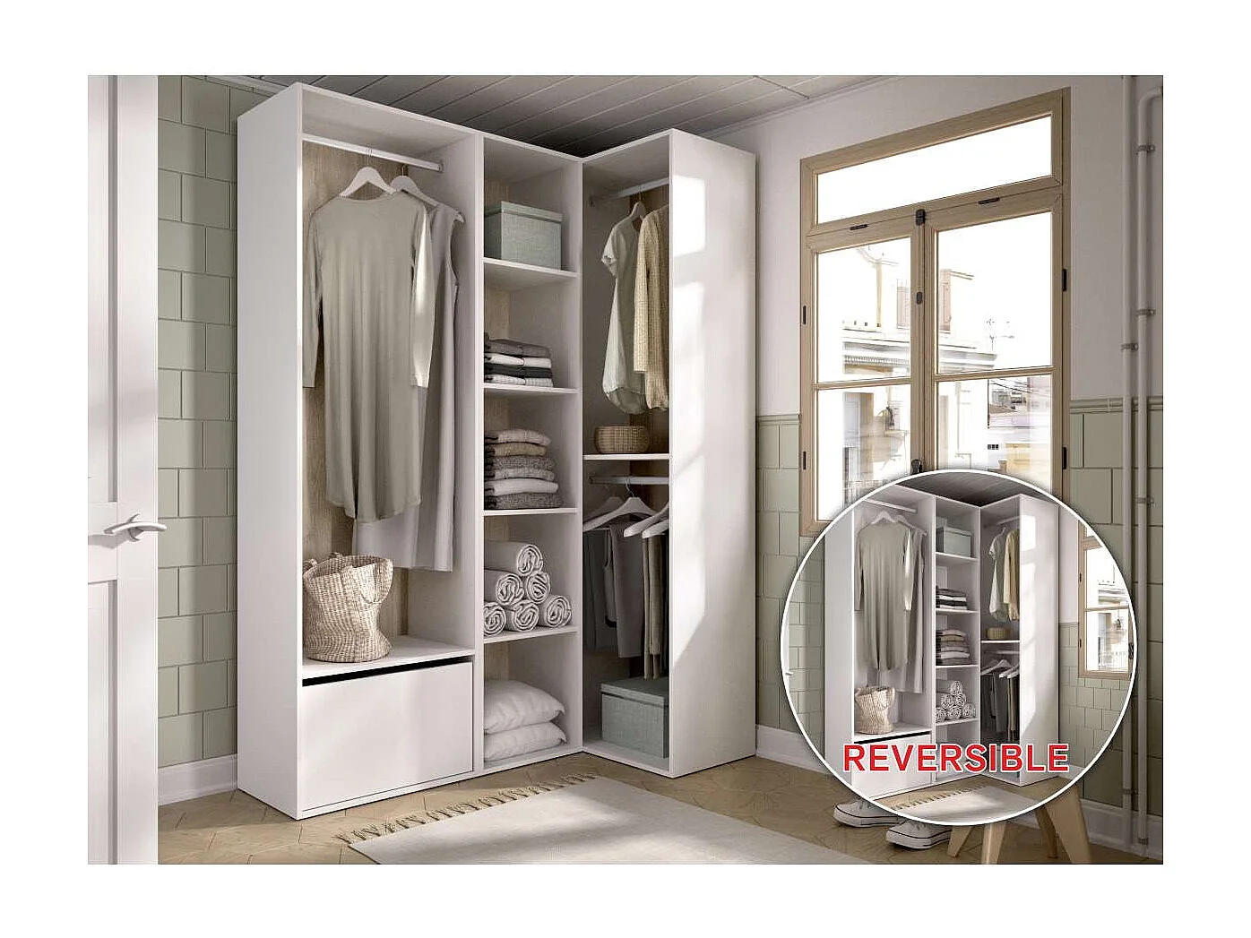 Vestidor de rincón Reus con estantes, zapatero y trasera reversible en blanco/natural, 20