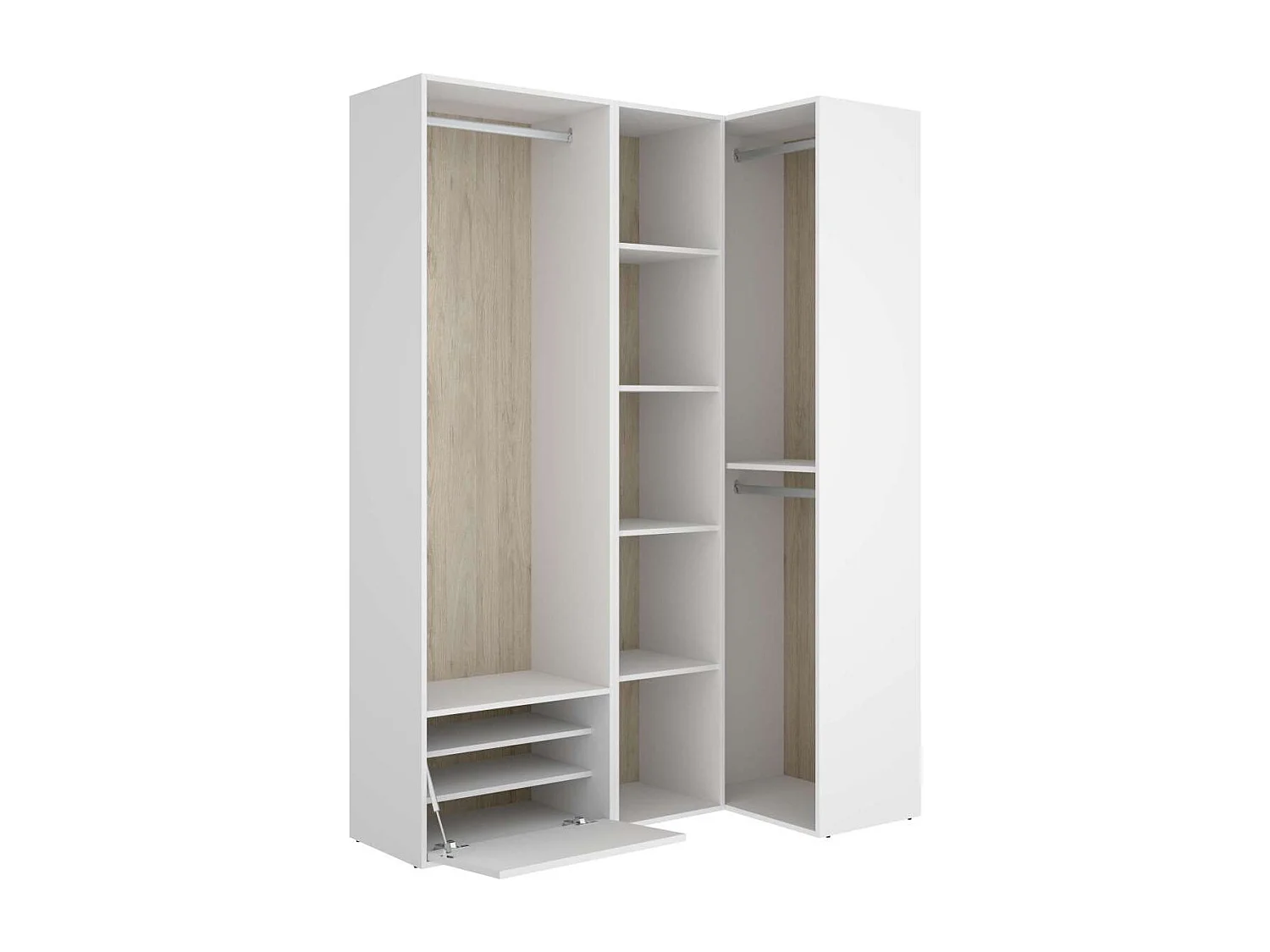 Vestidor de rincón Reus con estantes, zapatero y trasera reversible en blanco/natural, 20