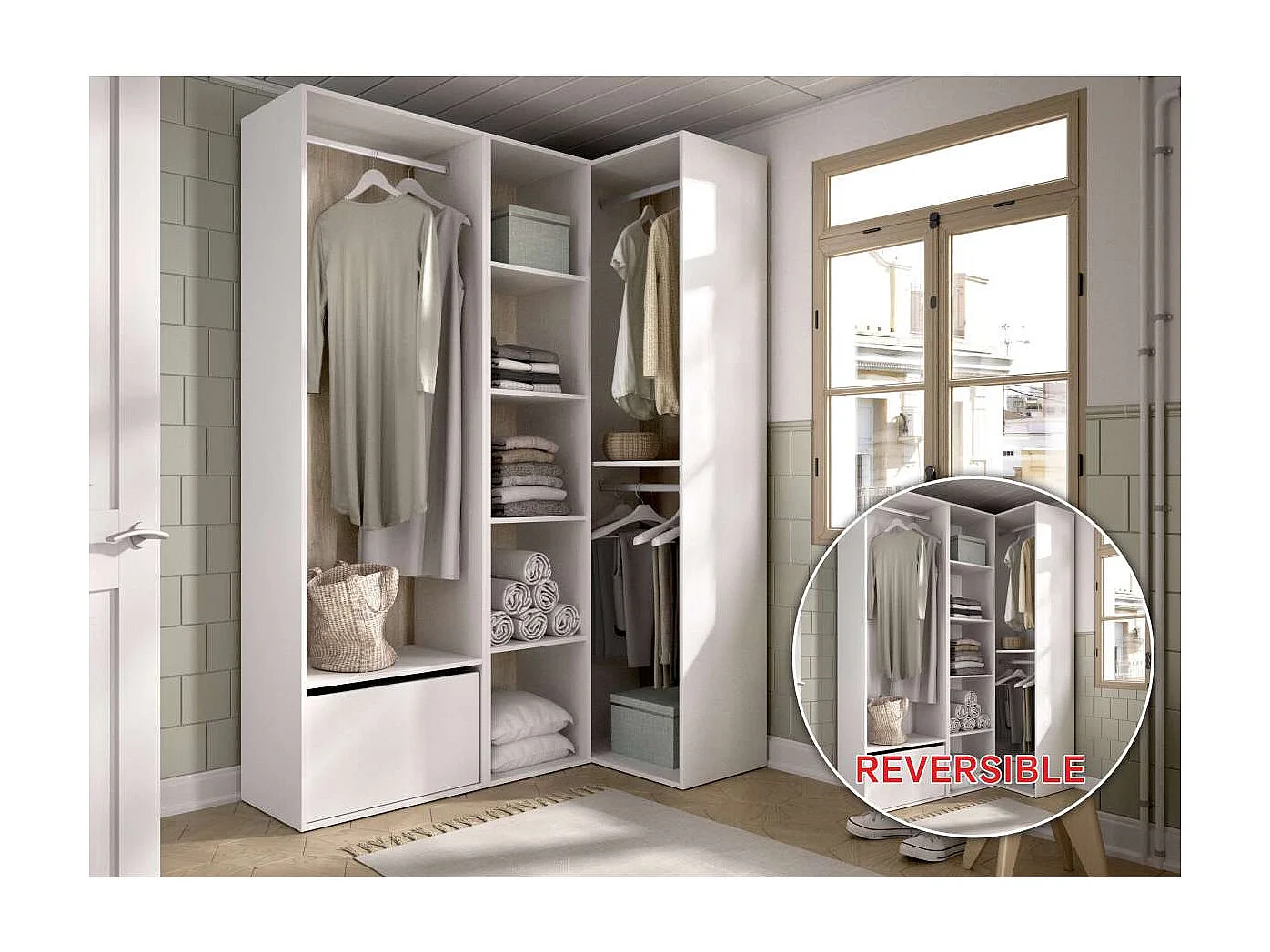 Vestidor de rincón Reus con estantes, zapatero y trasera reversible en blanco/natural, 20
