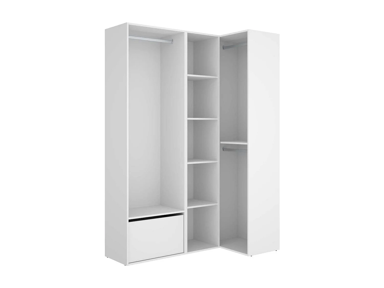 Vestidor de rincón Reus con estantes, zapatero y trasera reversible en blanco/natural, 20