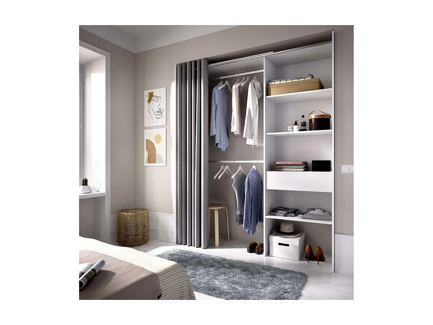 Vestidor Siles para dormitorio con cortina, 3 baldas y 1 cajon en color blanco 205 cm(alto