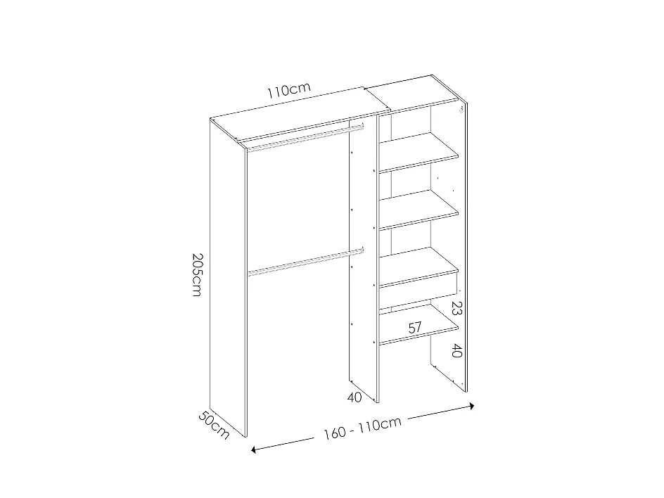 Vestidor Siles para dormitorio con cortina, 3 baldas y 1 cajon en color blanco 205 cm(alto