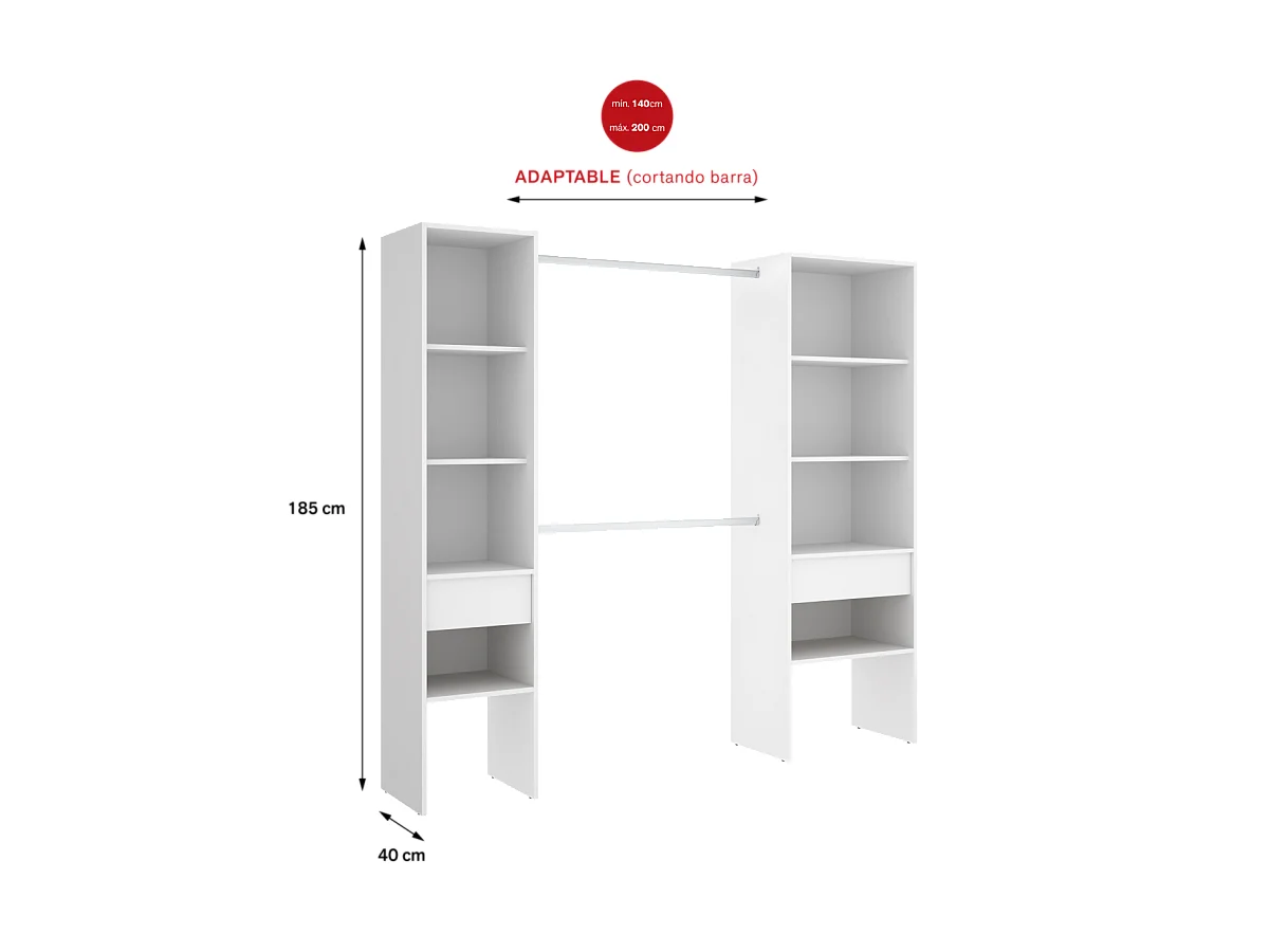 Vestidor Siles para dormitorio con baldas y dos cajones acabado blanco 185 cm(alto)200 cm(