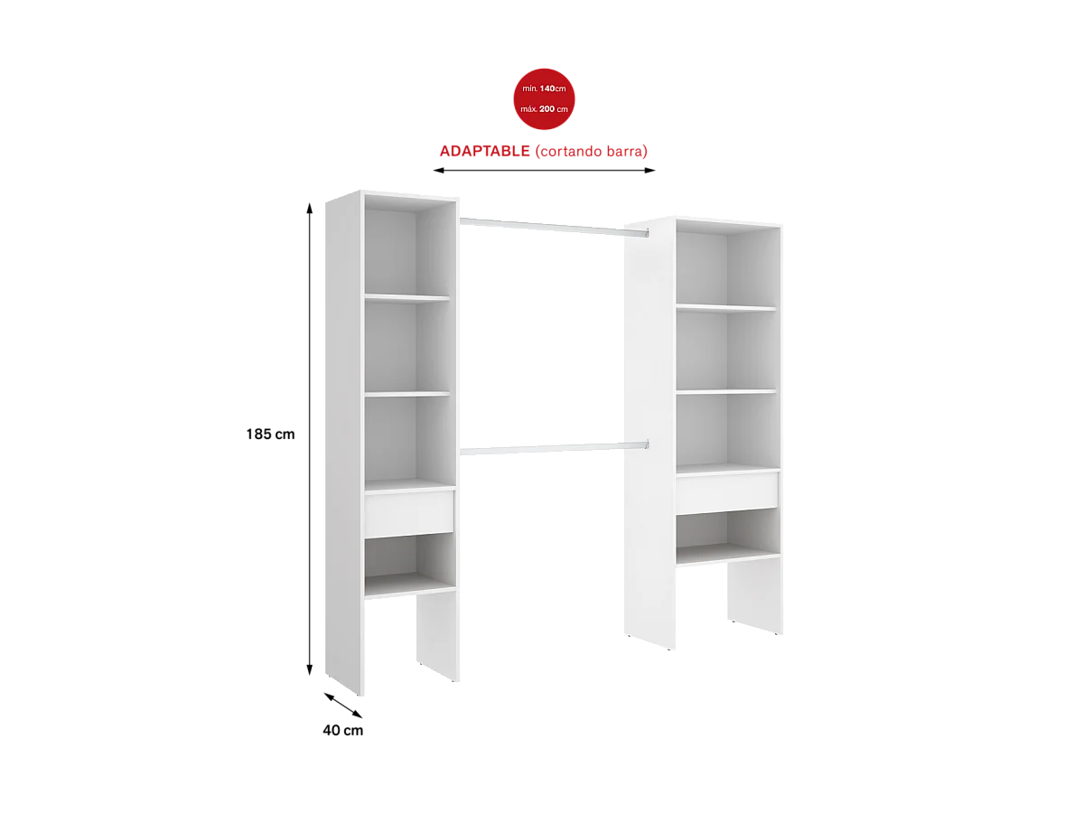 Vestidor Siles para dormitorio con baldas y dos cajones acabado blanco 185 cm(alto)200 cm(