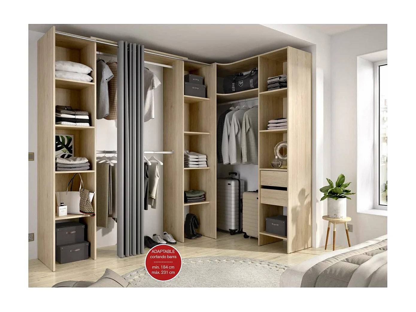 Vestidor de rincón Siles con cortina y cajones acabado natural, 205cm(alto) 234cm(ancho)