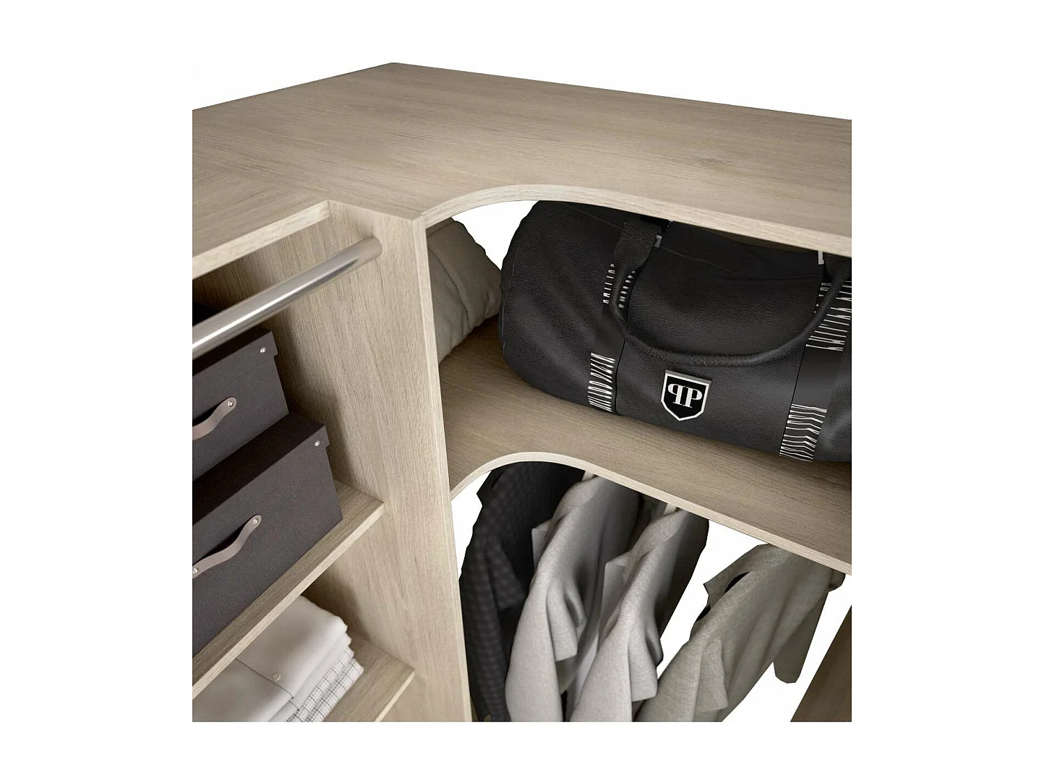 Vestidor de rincón Siles con cortina y cajones acabado natural, 205cm(alto) 234cm(ancho)