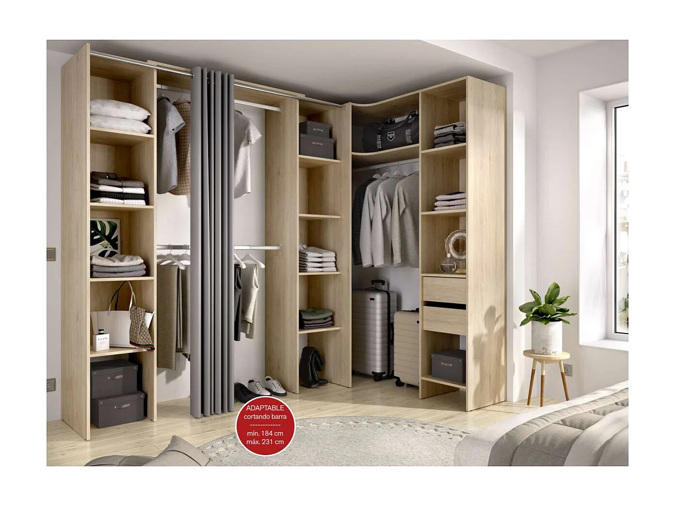 Vestidor de rincón Siles con cortina y cajones acabado natural, 205cm(alto) 234cm(ancho)