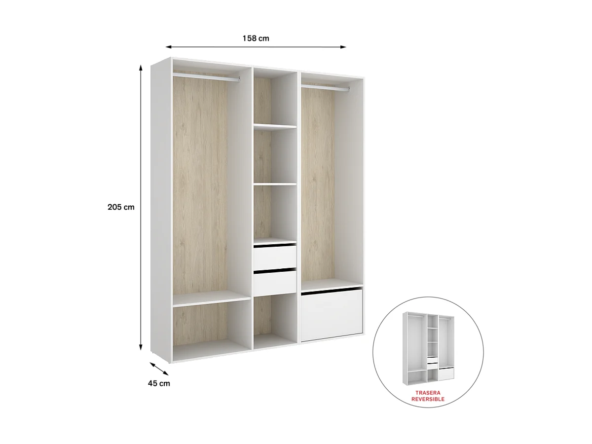Vestidor Reus 2 cajones, zapatero y trasera reversible en blanco/natural, 205cm(alto) 158c
