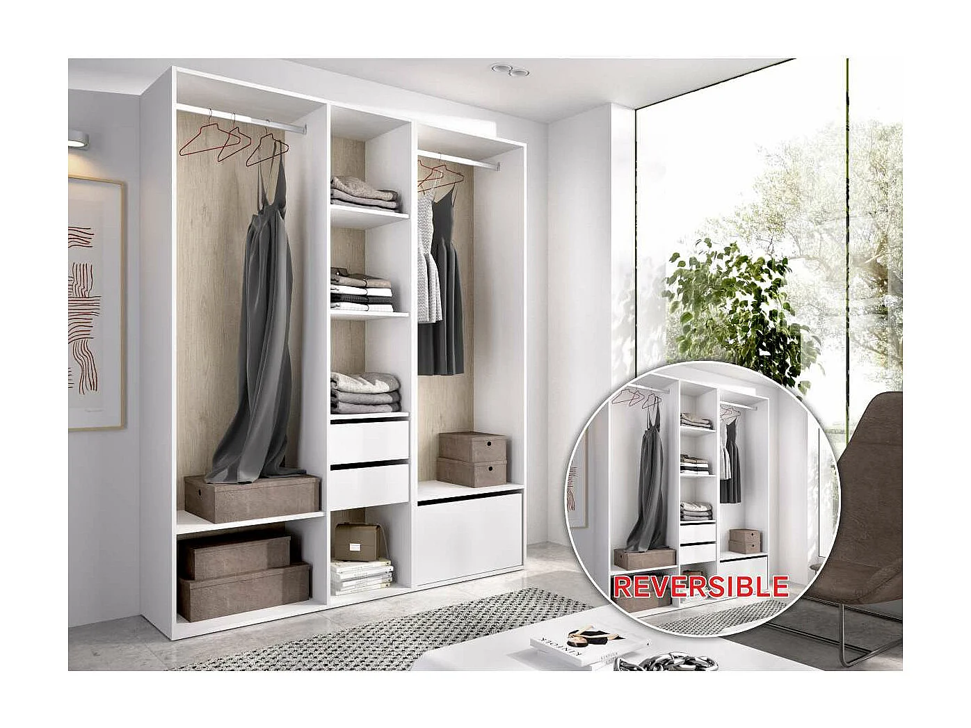 Vestidor Reus 2 cajones, zapatero y trasera reversible en blanco/natural, 205cm(alto) 158c