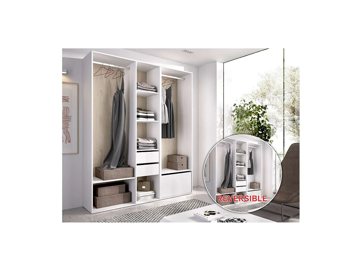 Vestidor Reus 2 cajones, zapatero y trasera reversible en blanco/natural, 205cm(alto) 158c