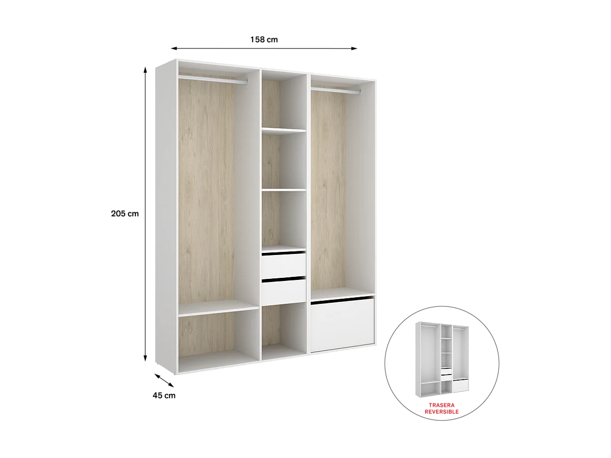 Vestidor Reus 2 cajones, zapatero y trasera reversible en blanco/natural, 205cm(alto) 158c