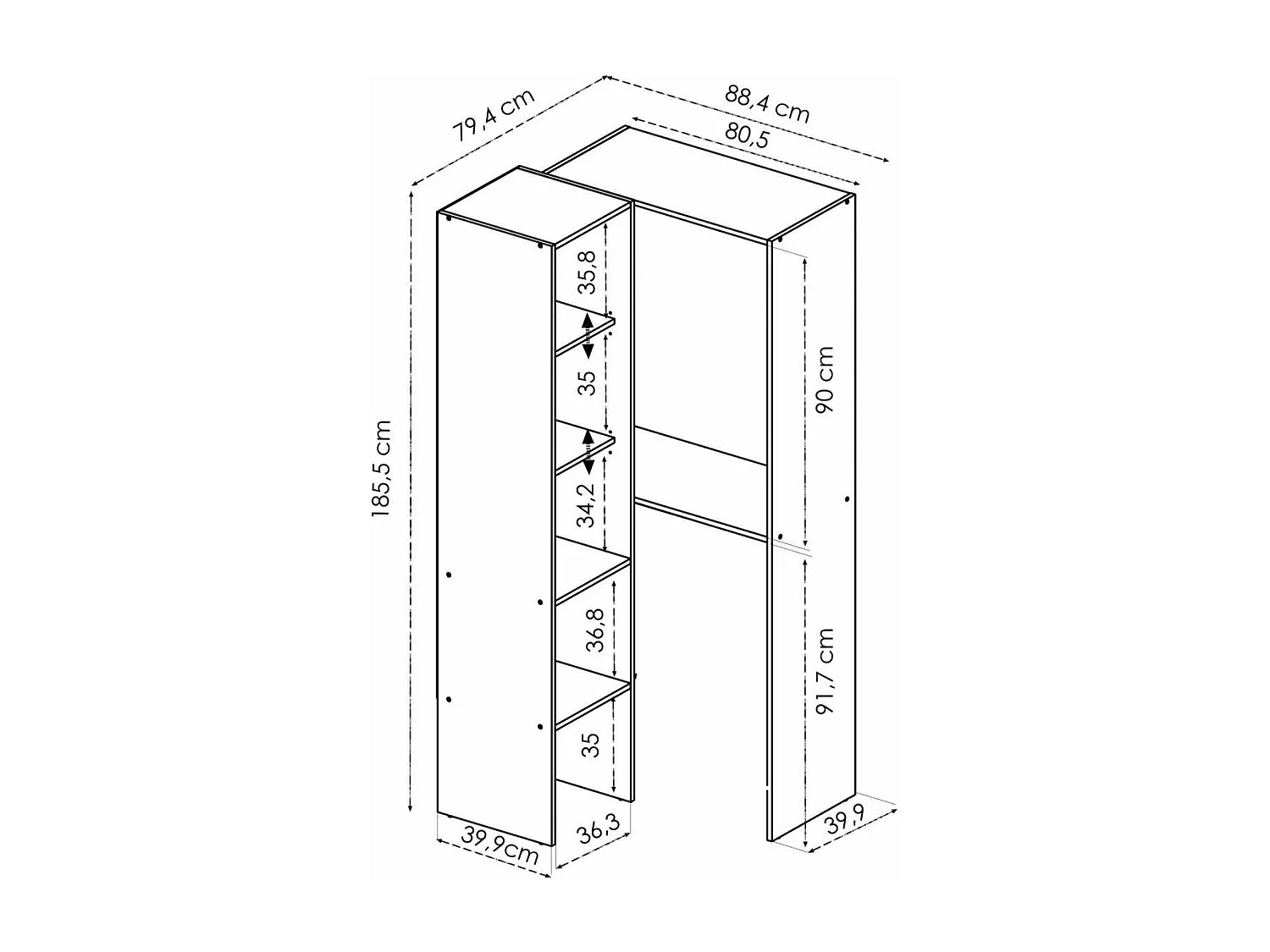 Vestidor de rincón  Sol color Blanco 79.4cm (ancho) 88.4 cm (fondo) 185.5 cm (alto)