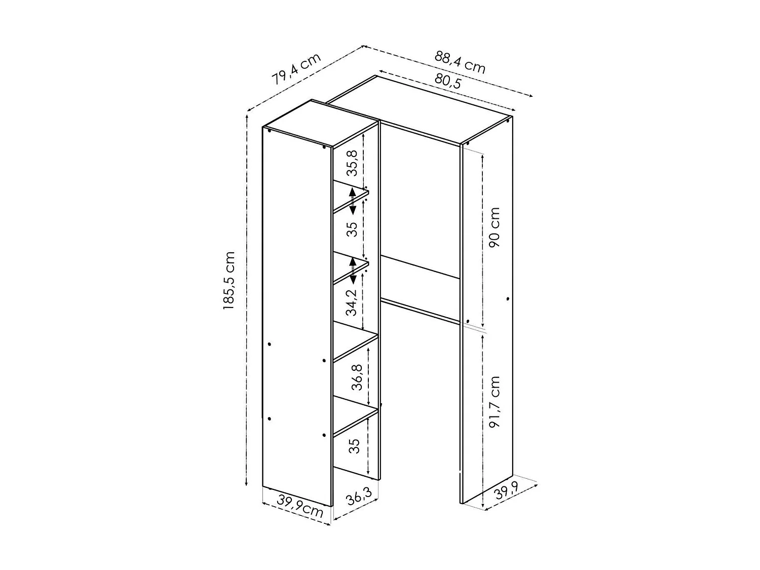 Vestidor de rincón  Sol color Blanco 79.4cm (ancho) 88.4 cm (fondo) 185.5 cm (alto)