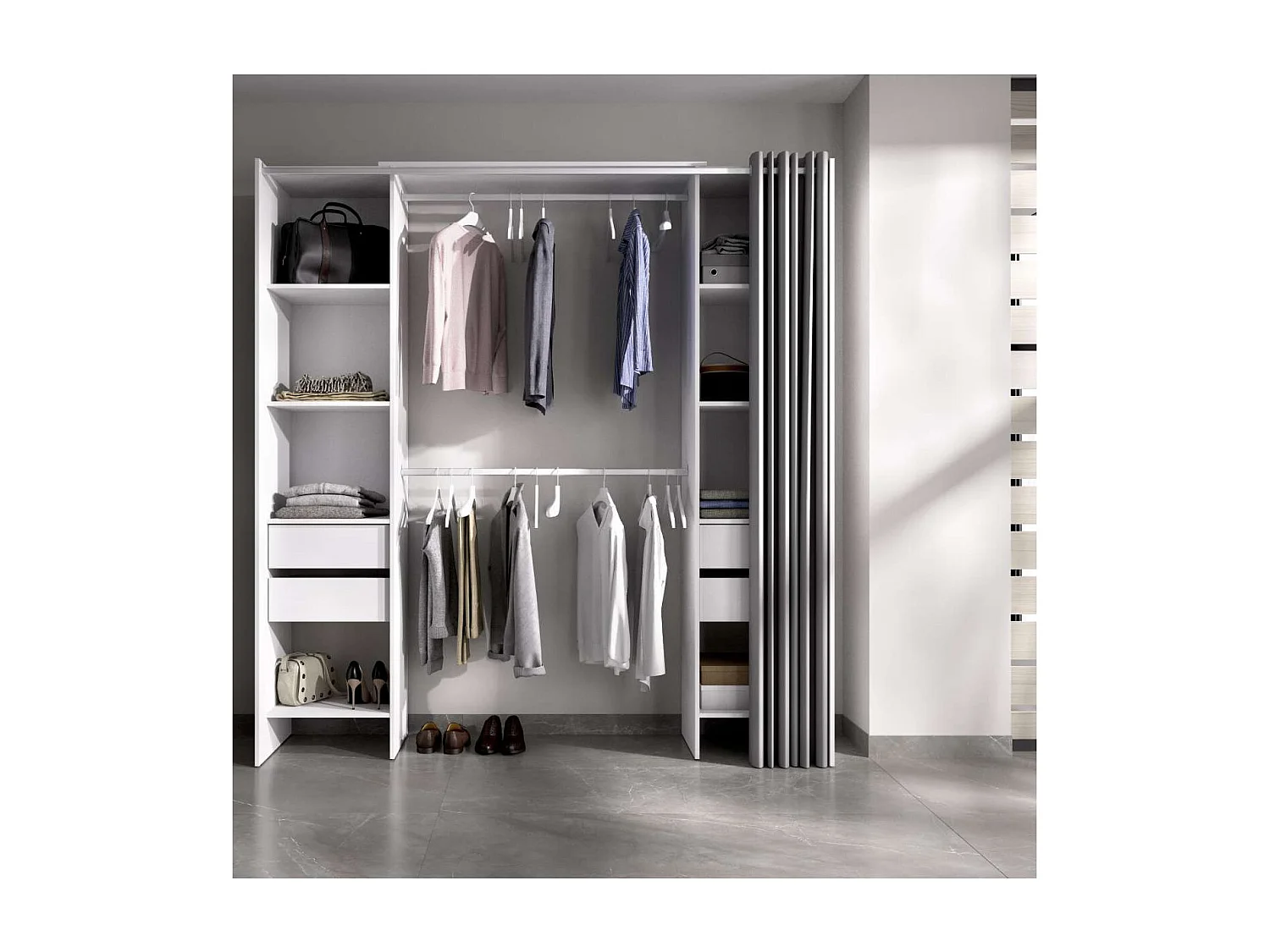 Vestidor Siles con cortina y cajones en acabado blanco, 203 cm(alto)180 cm(ancho)50 cm(fon