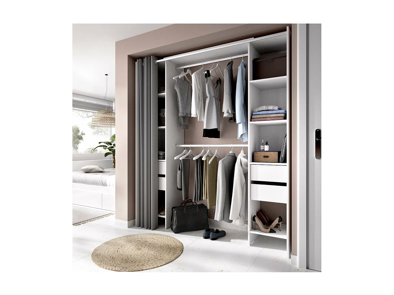 Vestidor Siles con cortina y cajones en acabado blanco, 203 cm(alto)180 cm(ancho)50 cm(fon