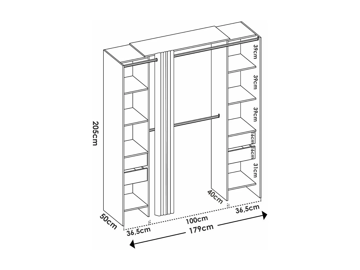 Vestidor Siles con cortina y cajones en acabado blanco, 203 cm(alto)180 cm(ancho)50 cm(fon