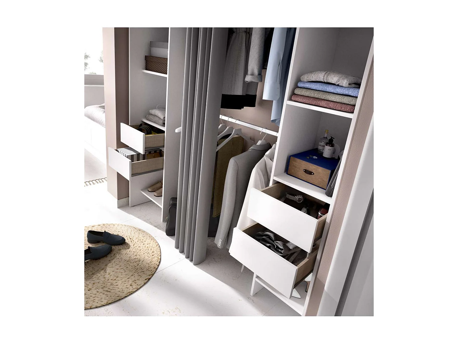 Vestidor Siles con cortina y cajones en acabado blanco, 203 cm(alto)180 cm(ancho)50 cm(fon