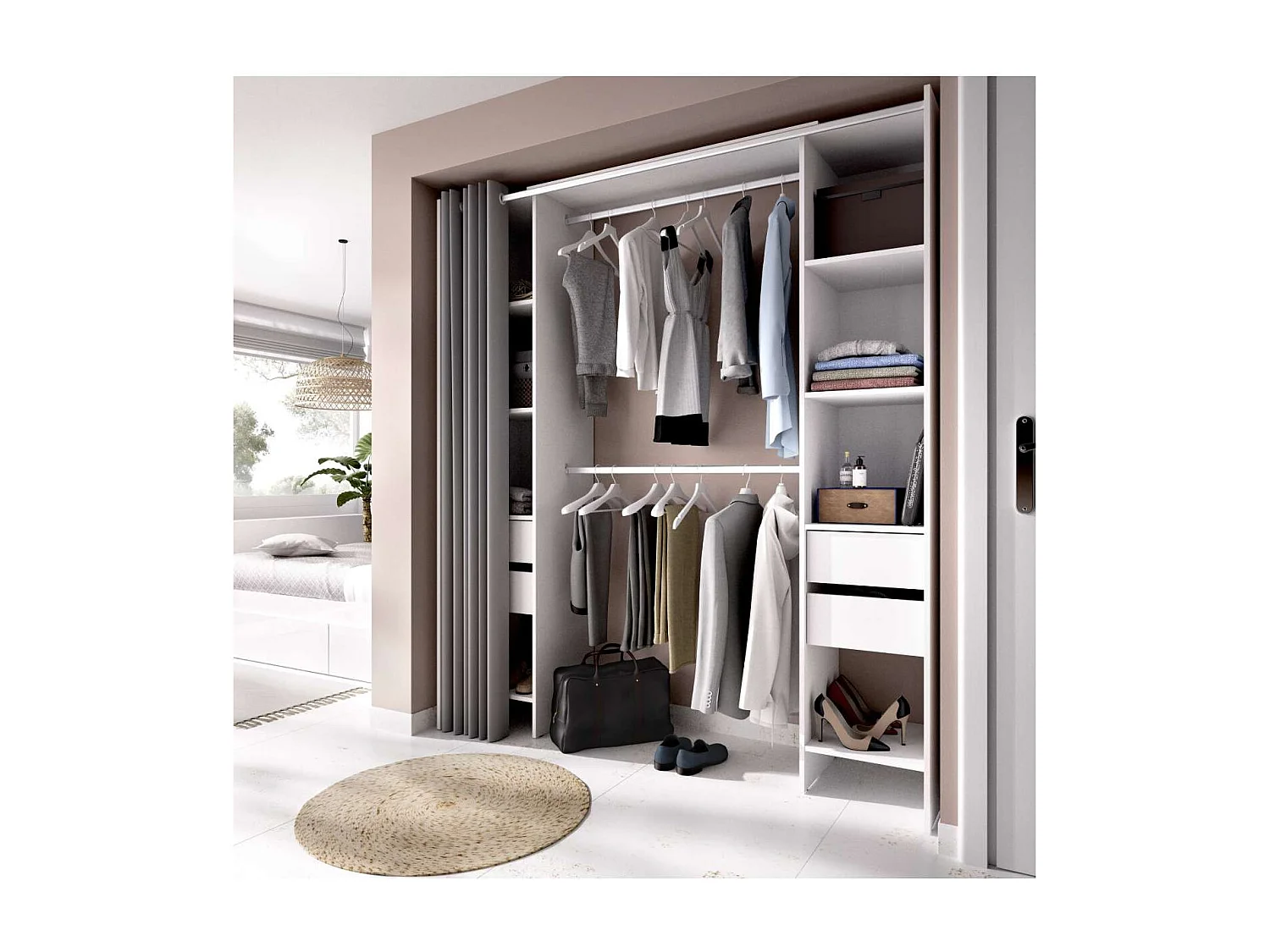 Vestidor Siles con cortina y cajones en acabado blanco, 203 cm(alto)180 cm(ancho)50 cm(fon