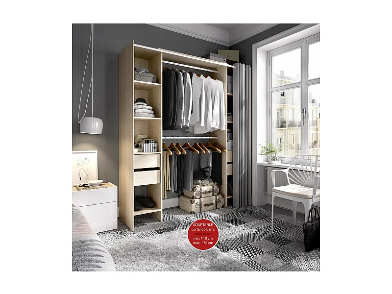 Vestidor Siles con cortina y cajones en acabado natural, 203 cm(alto)180 cm(ancho)50 cm(fo