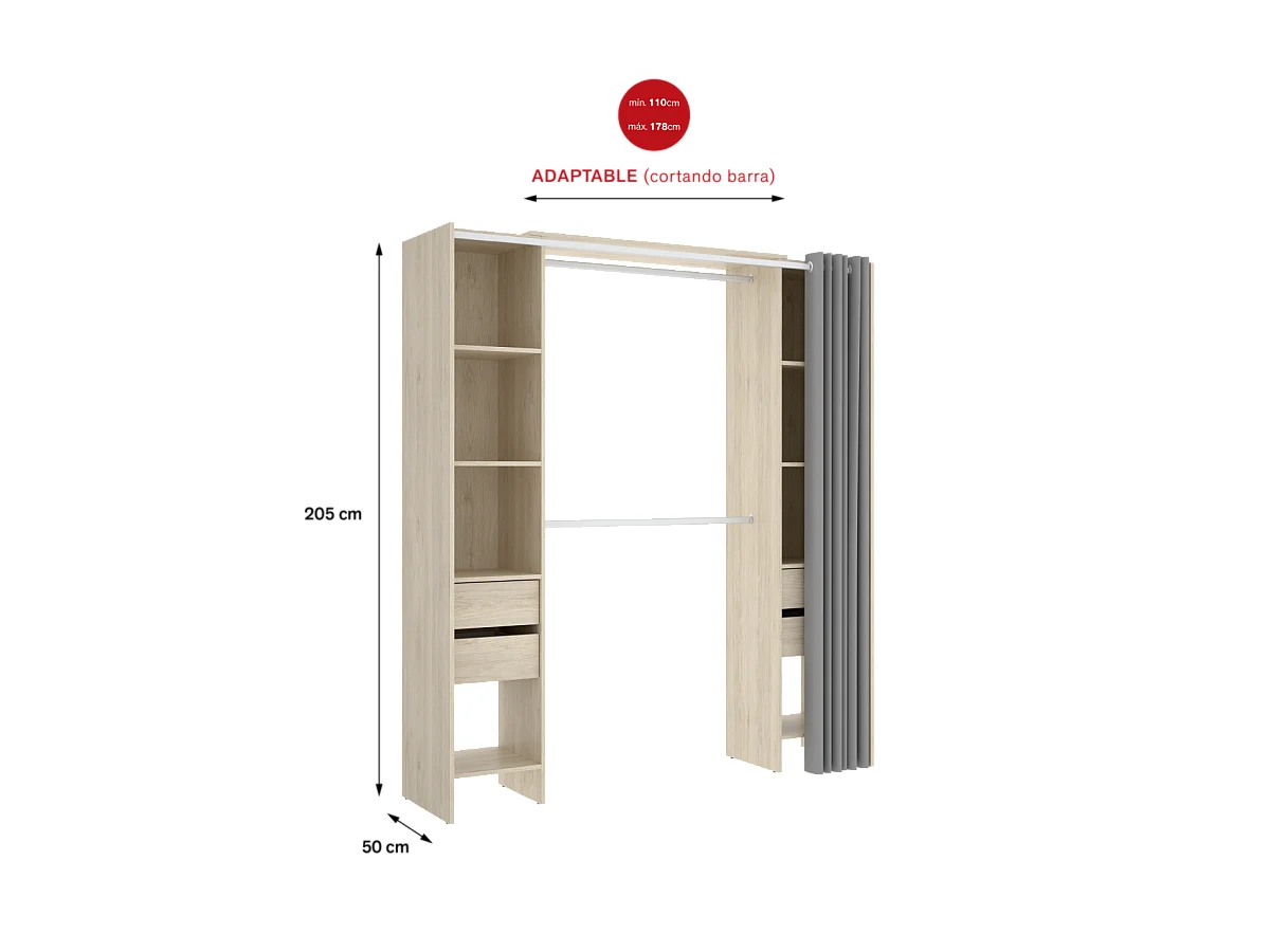 Vestidor Siles con cortina y cajones en acabado natural, 203 cm(alto)180 cm(ancho)50 cm(fo