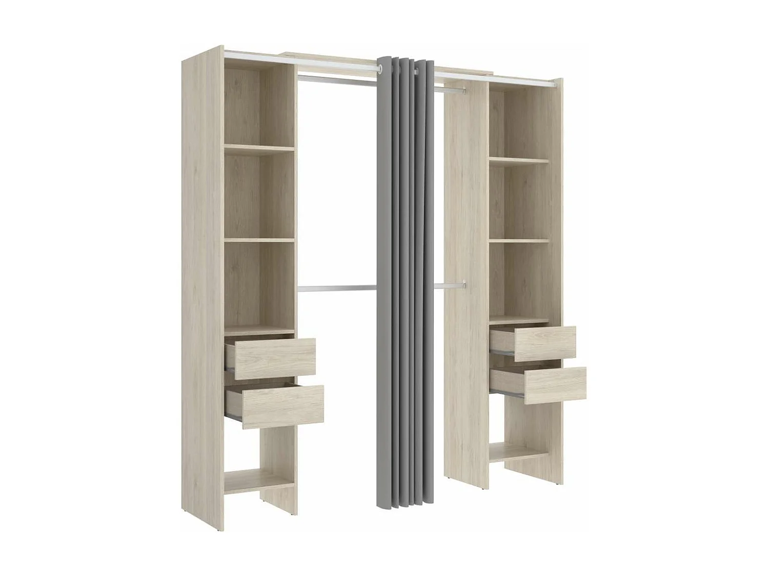 Vestidor Siles con cortina y cajones en acabado natural, 203 cm(alto)180 cm(ancho)50 cm(fo