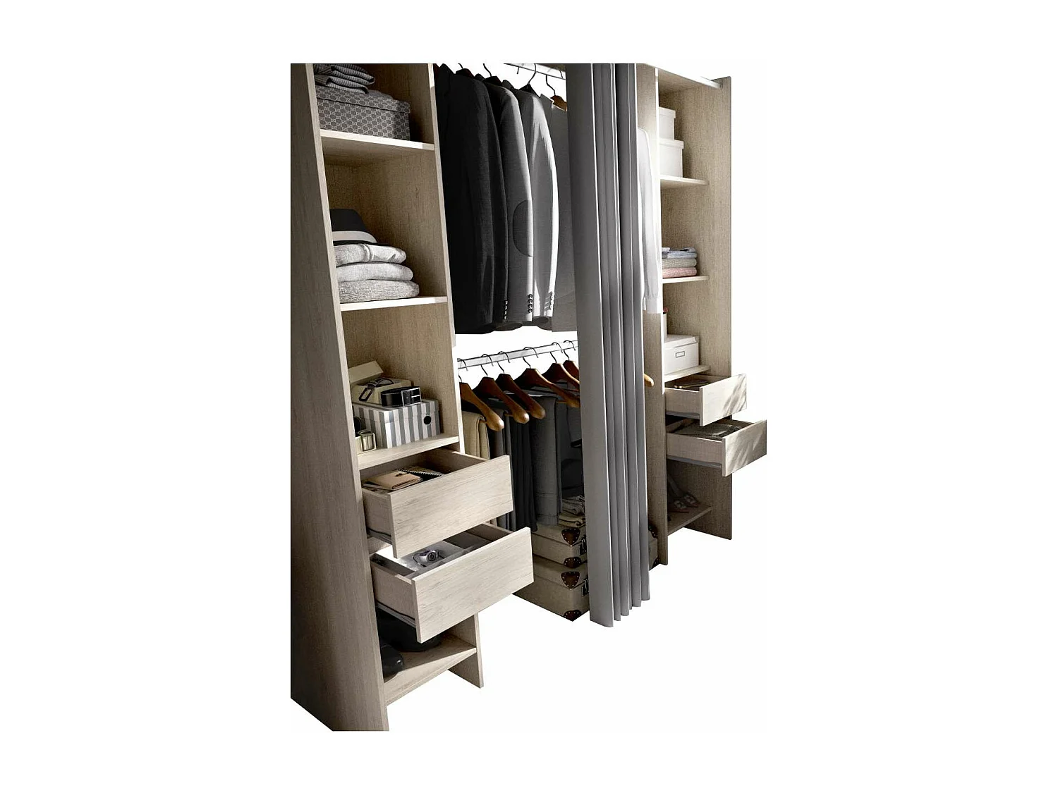 Vestidor Siles con cortina y cajones en acabado natural, 203 cm(alto)180 cm(ancho)50 cm(fo