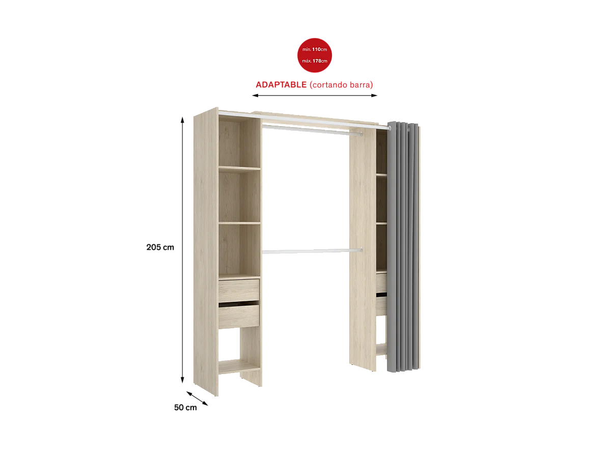 Vestidor Siles con cortina y cajones en acabado natural, 203 cm(alto)180 cm(ancho)50 cm(fo