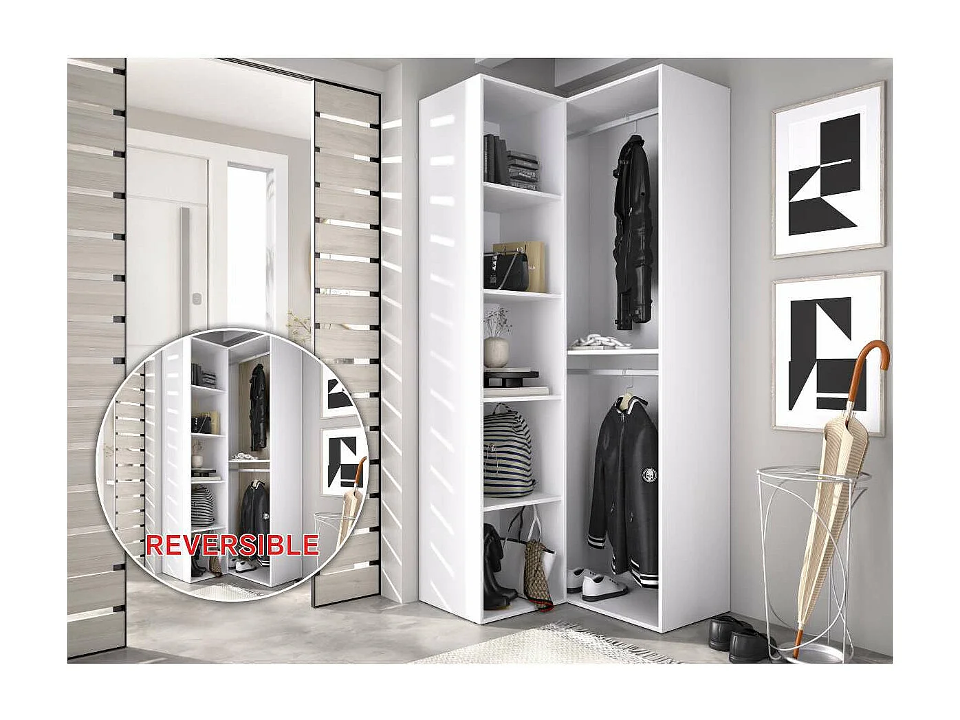 Vestidor de rincón Reus con estantes y trasera reversible en blanco/natural, 205cm(alto)