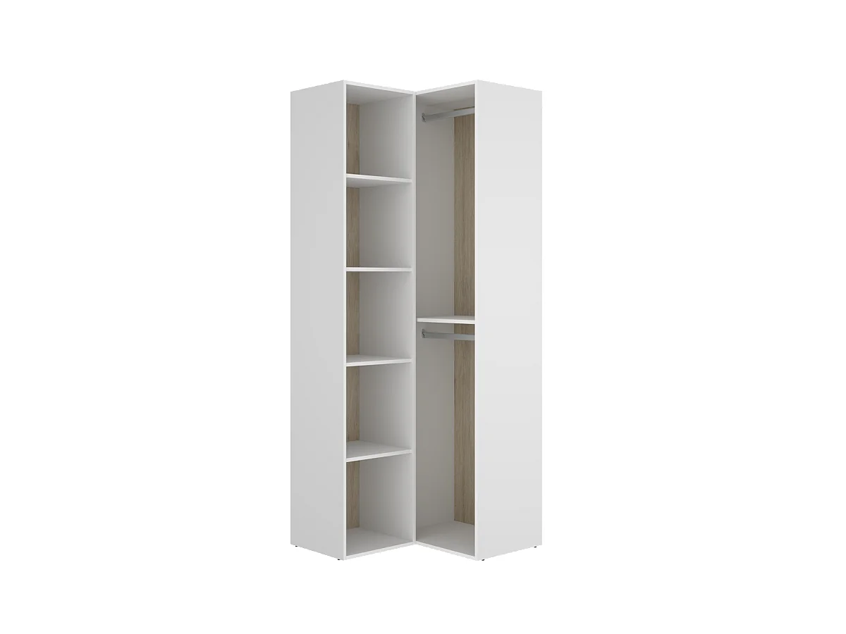 Vestidor de rincón Reus con estantes y trasera reversible en blanco/natural, 205cm(alto)