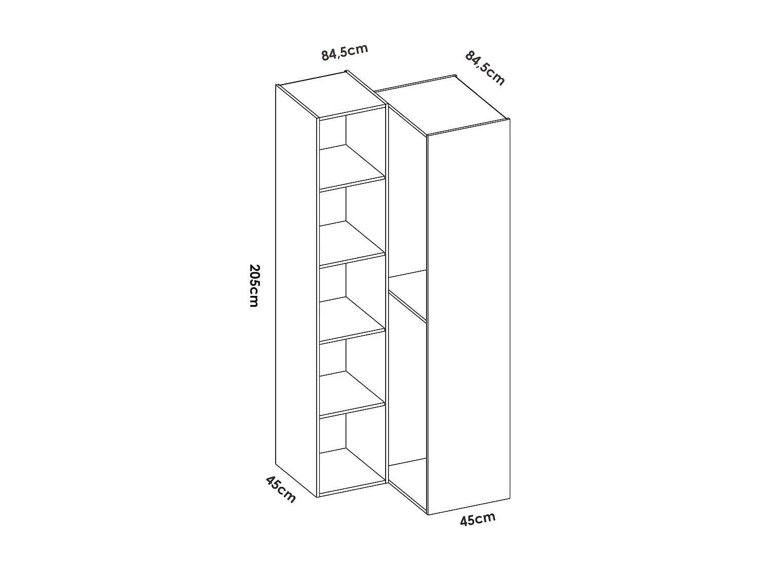 Vestidor de rincón Reus con estantes y trasera reversible en blanco/natural, 205cm(alto)