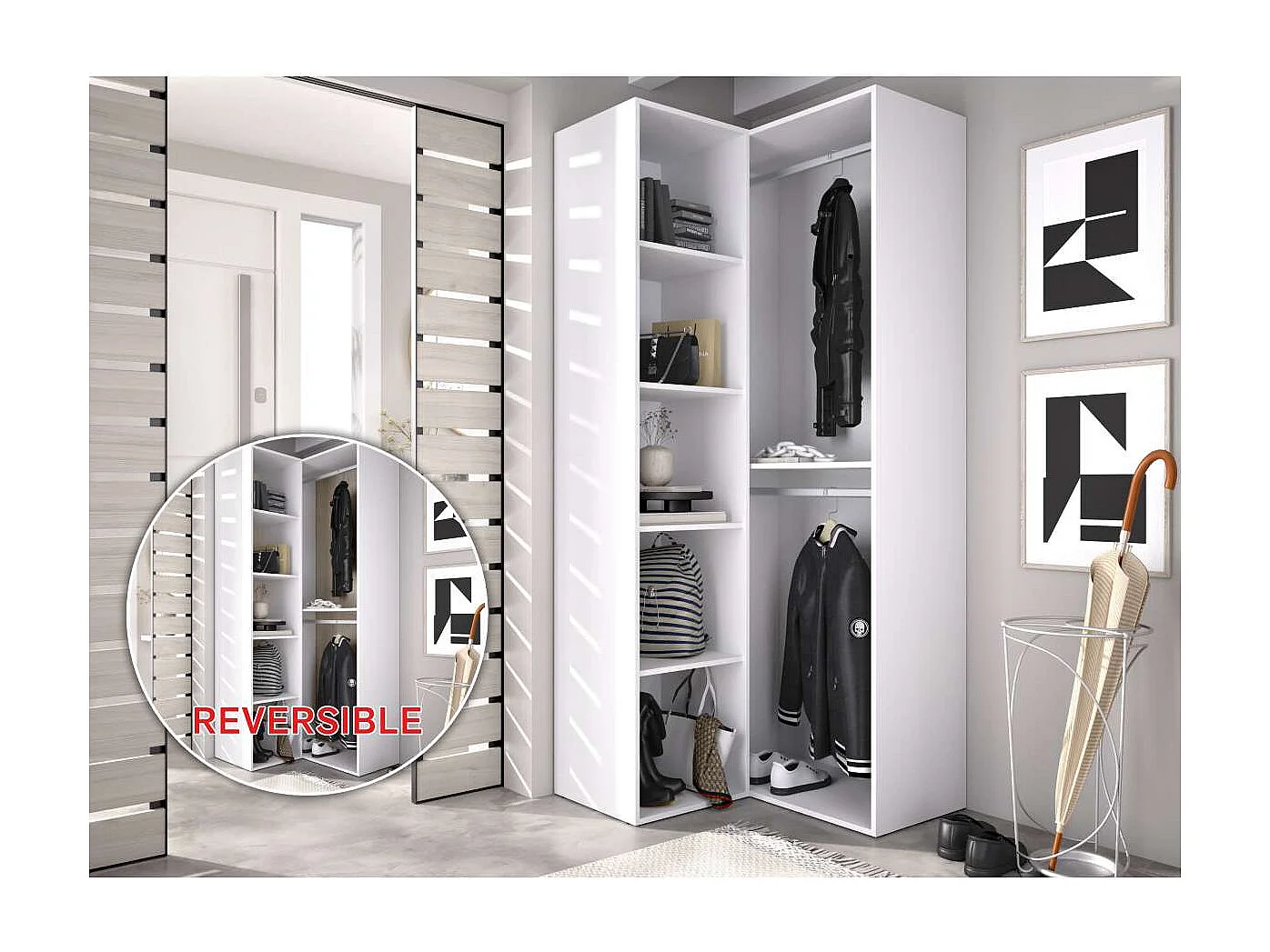Vestidor de rincón Reus con estantes y trasera reversible en blanco/natural, 205cm(alto)