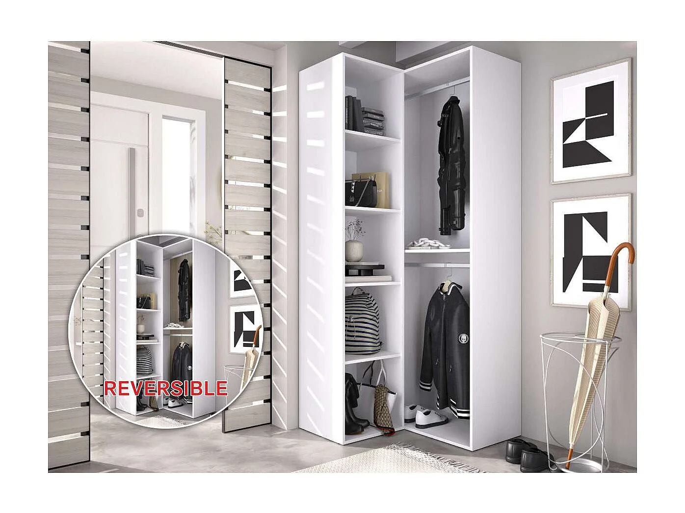 Vestidor de rincón Reus con estantes y trasera reversible en blanco/natural, 205cm(alto)