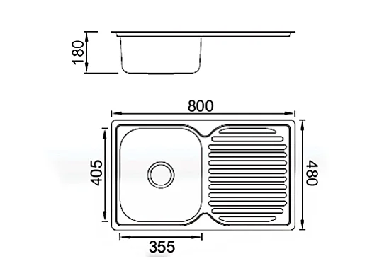 Fregadero con escurridor sin orificio grifo, 18 cm(alto)80 cm(ancho)40 cm(largo)