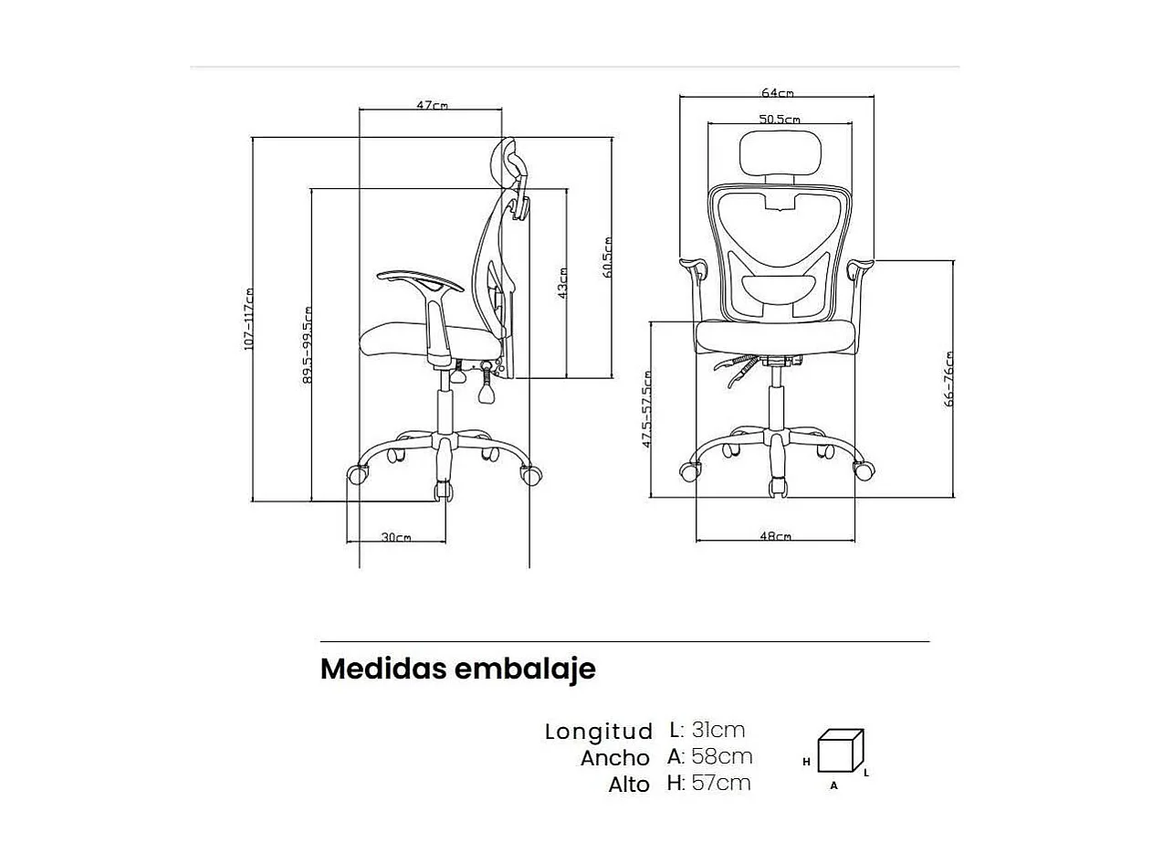 Silla de escritorio Carla en gris y negro. Alto: 107-117, Ancho: 64, Fondo: 67