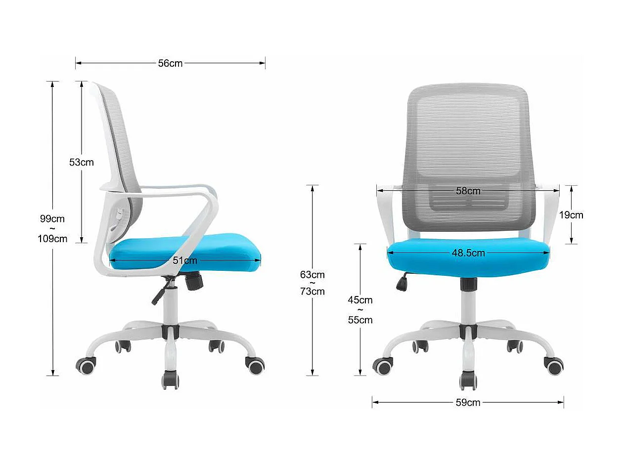 Silla despacho giratoria elevable acabado gris/azul, 59m(ancho) 99/109cm(altura) 56cm(fond