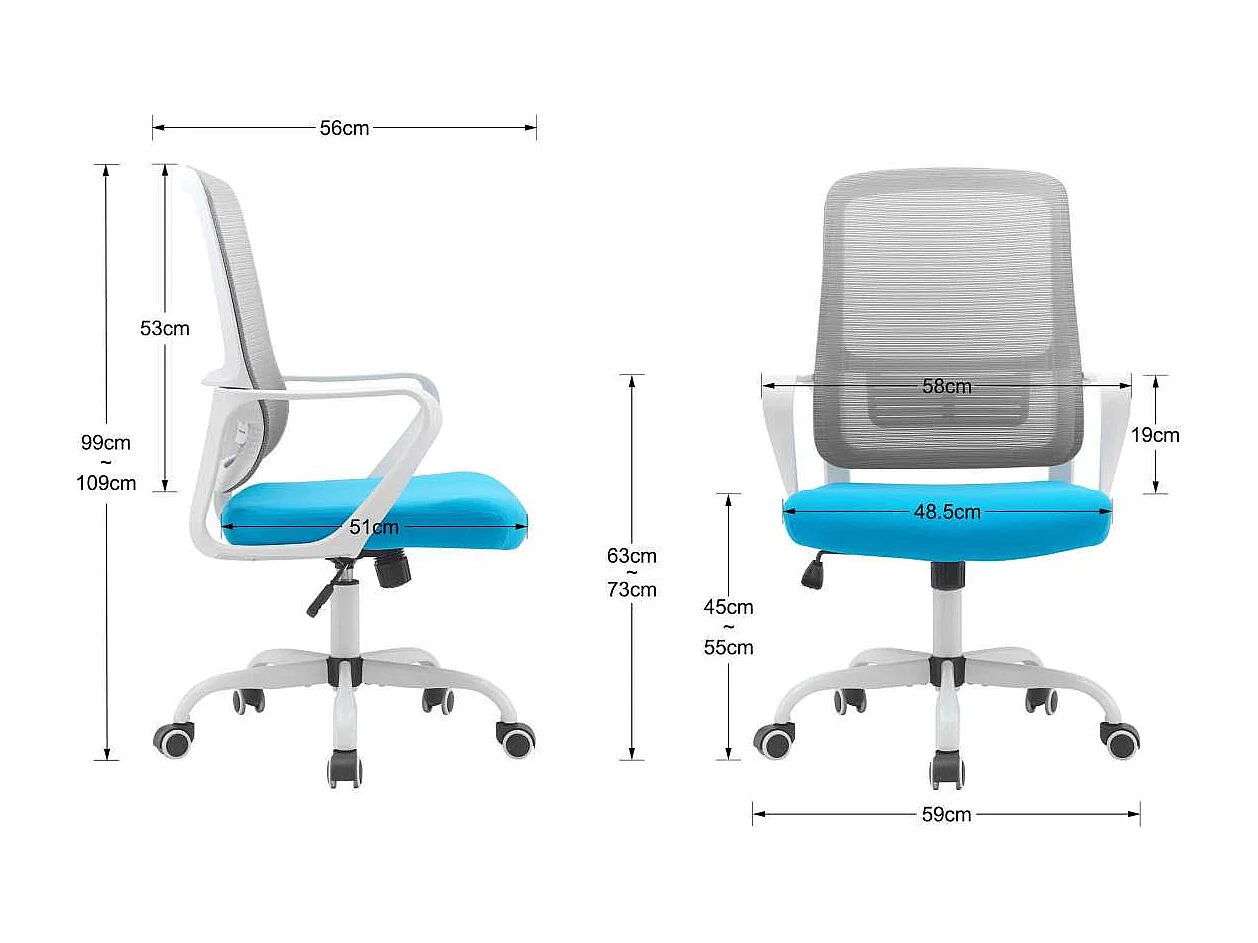 Silla despacho giratoria elevable acabado gris/azul, 59m(ancho) 99/109cm(altura) 56cm(fond