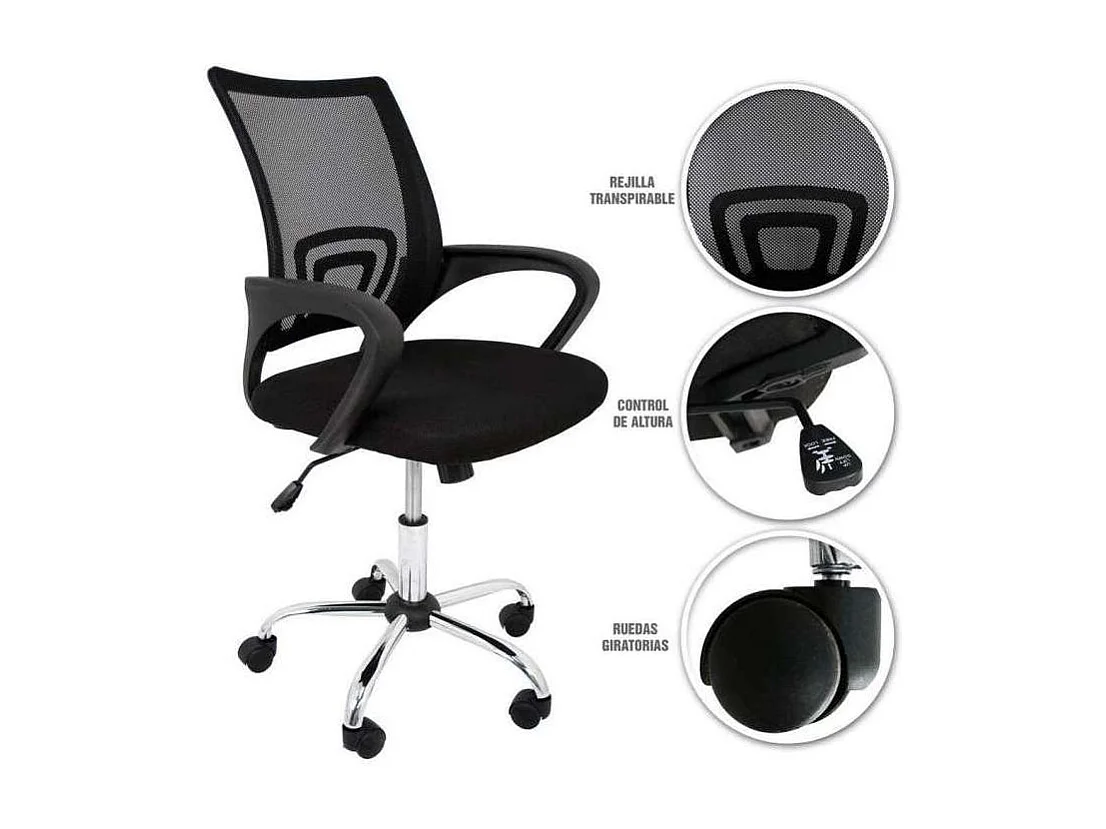 Silla despacho giratoria Martina tapizada en tejido transpirable negro, 88/98cm(alto) 57cm