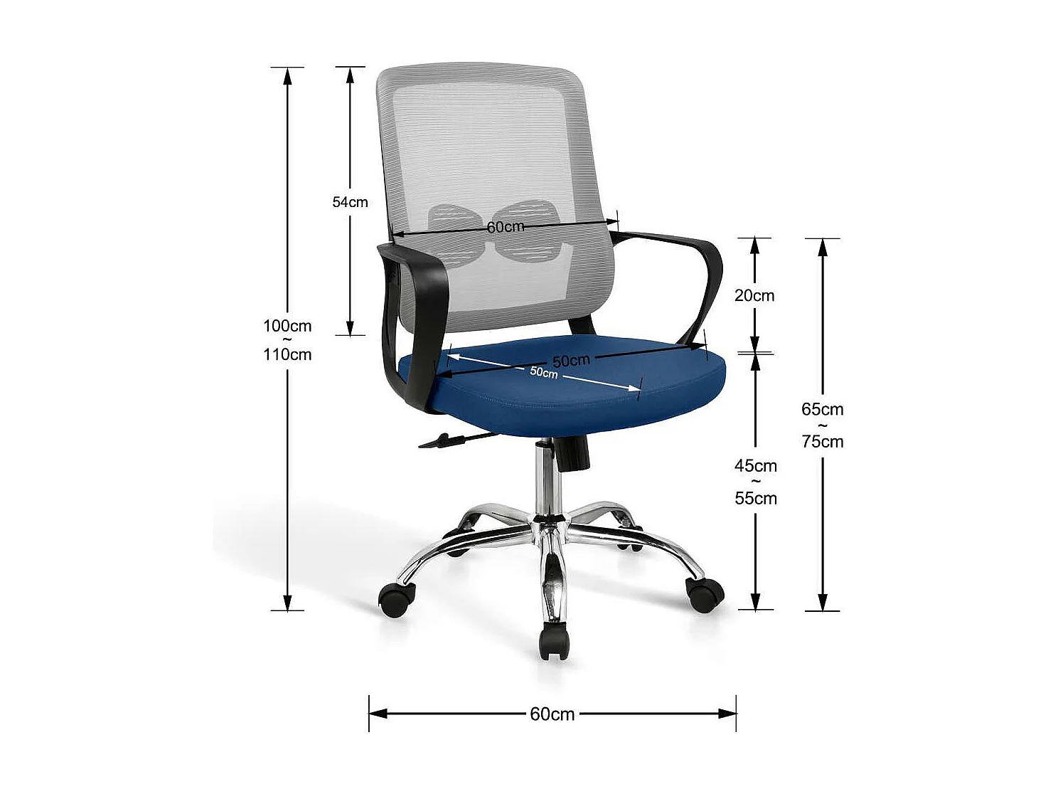 Silla despacho giratoria elevable acabado gris/azul, 60m(ancho) 100/110cm(altura) 61cm(fon