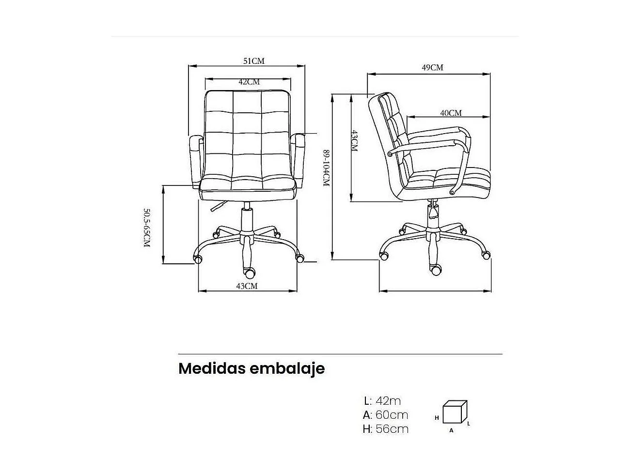 Silla de oficina Isabella en blanco. Alto: 89-104, Ancho: 51, Fondo: 49.