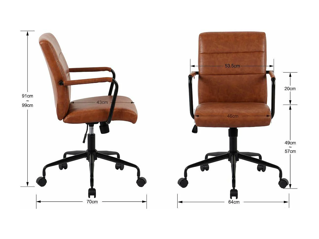 Silla despacho giratoria elevable acabado polipiel marrón, 64m(ancho) 91/99cm(altura) 70c